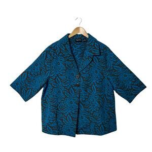 Maggie Barnes Two Button Jacket 1X Blue Brown Floral 3/4 Sleeve Feminine Blazer